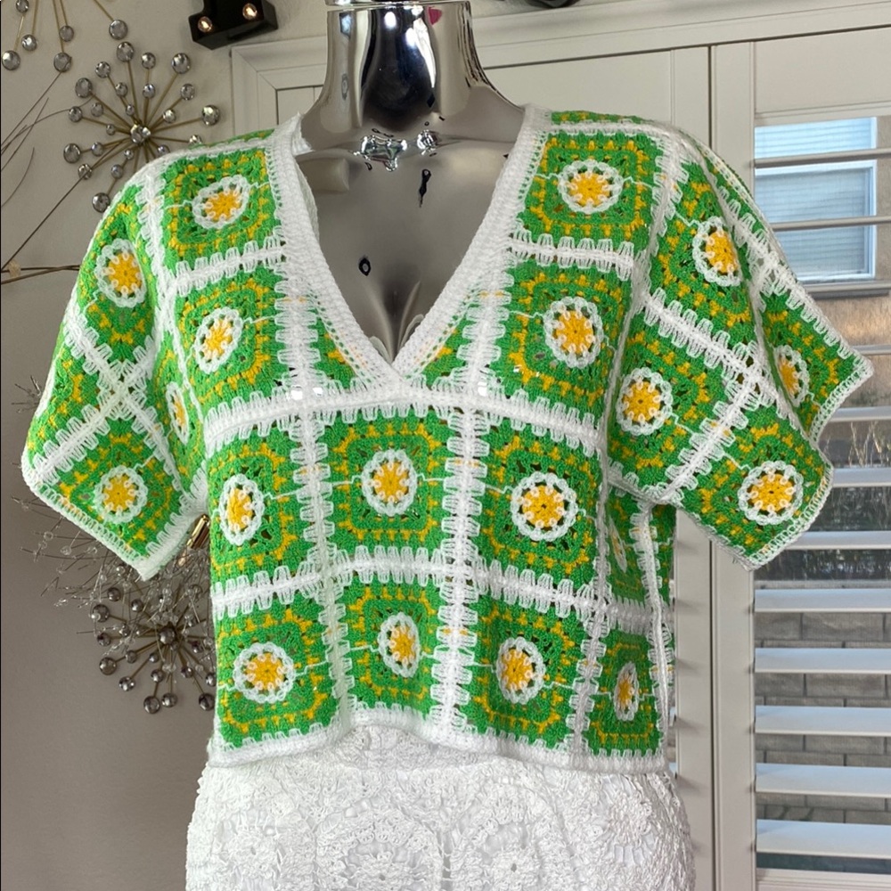Green and White Crochet Top and Skirt Set